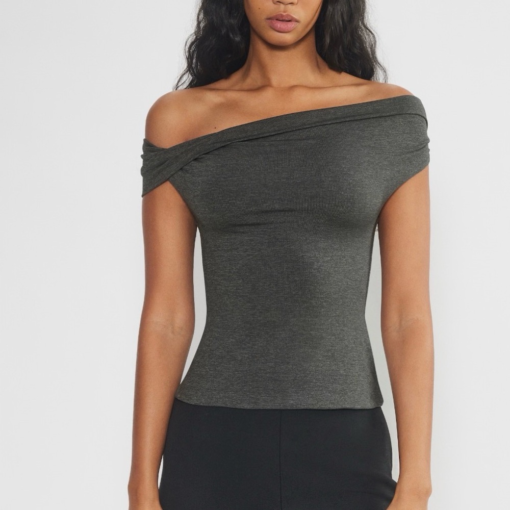 Aritzia Off-Shoulder Charcoal Gray Knit Top
